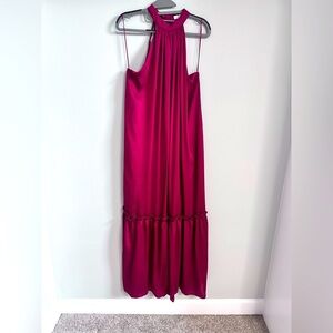 New One One Six Maxi Evening Dress Open Back High Neck Sleeveless Tiered Red M